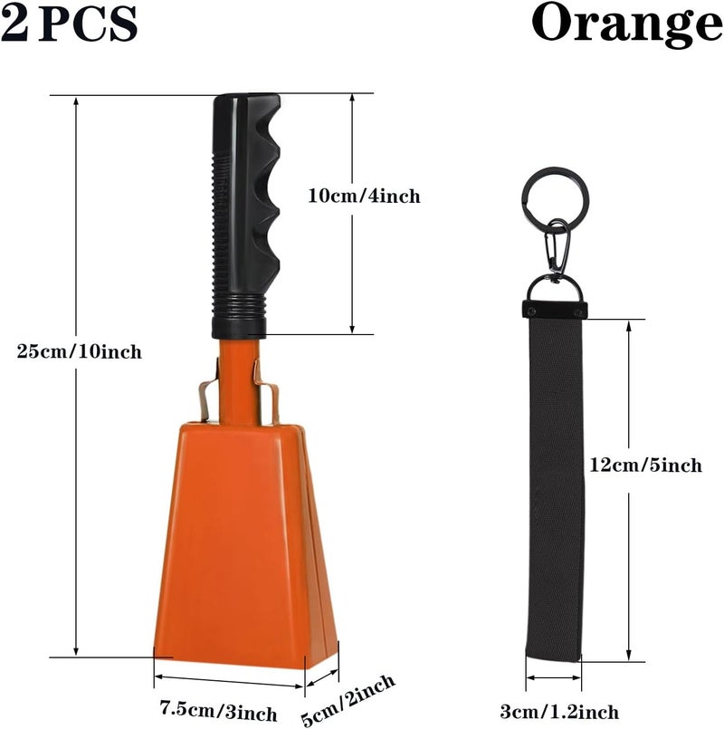 HEYLEAYAR 10Inch Cowbells with Handle for Sporting Events, 2Pcs Large Cow Bells with Wrist Straps, Loud Noise Makers for Cheering Football Games Spirit Marathon Weddings Party Noisemakers, Orange - Image 2